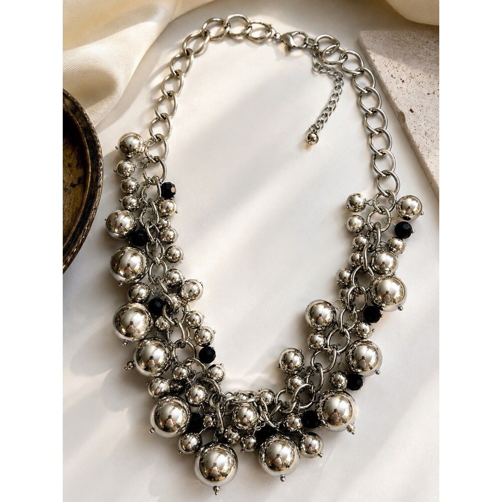 Silver Tone Bubble Cluster Bib Necklace Black Crystal Runway Statement Y2K